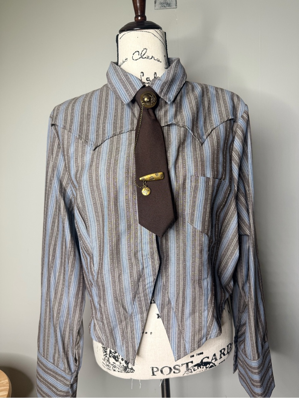 SHEIN Brown and Light Blue Striped Button-Down Shirt